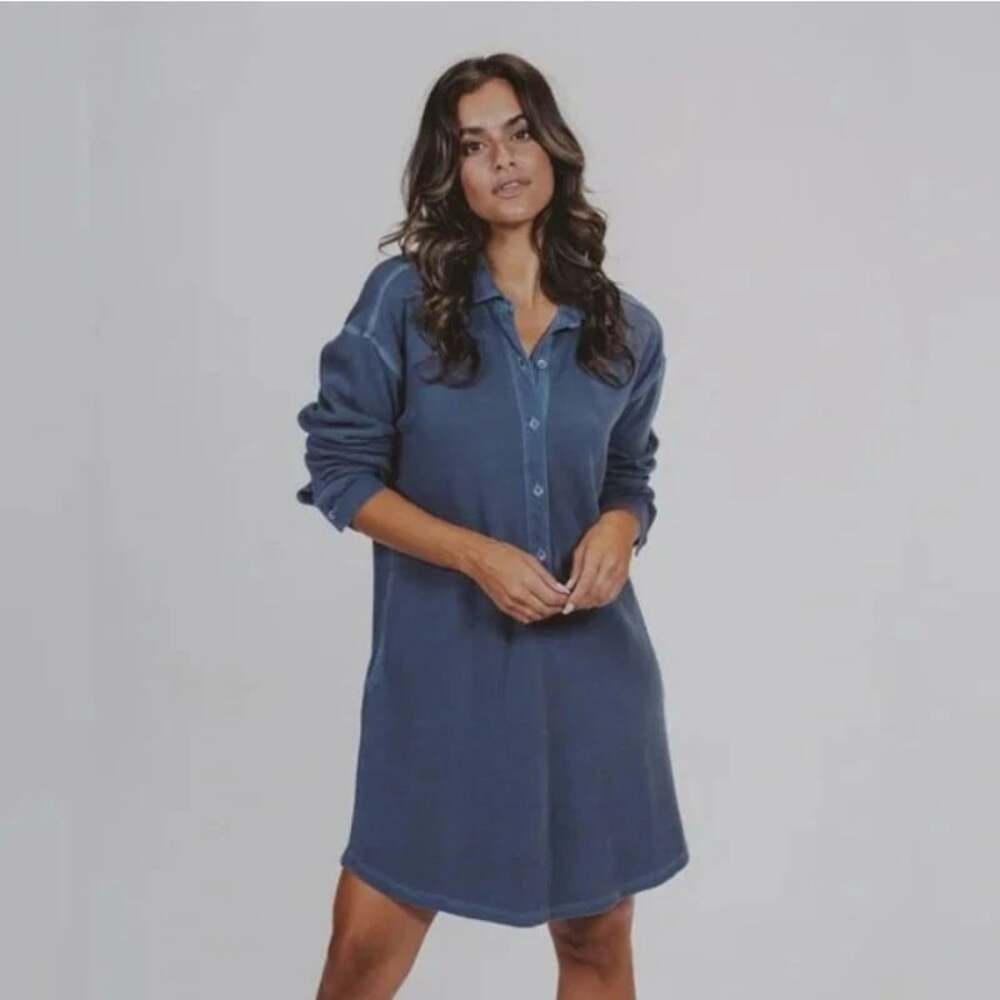 The Normal Brand Vintage Thermal Size Medium Blue Henley L/S Shirt Dress NWT